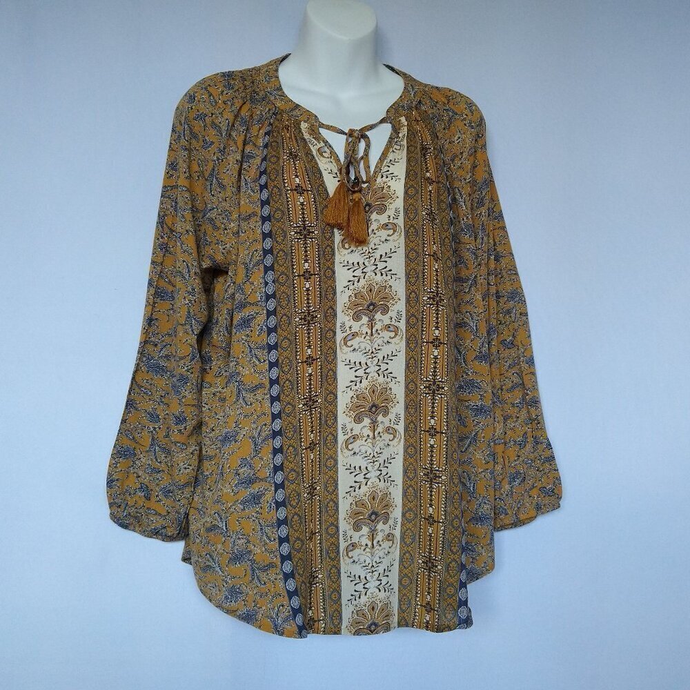 Mason & Belle Top NEW Mustard Medium Floral Embroid Popover Tassel Flowy Shirt